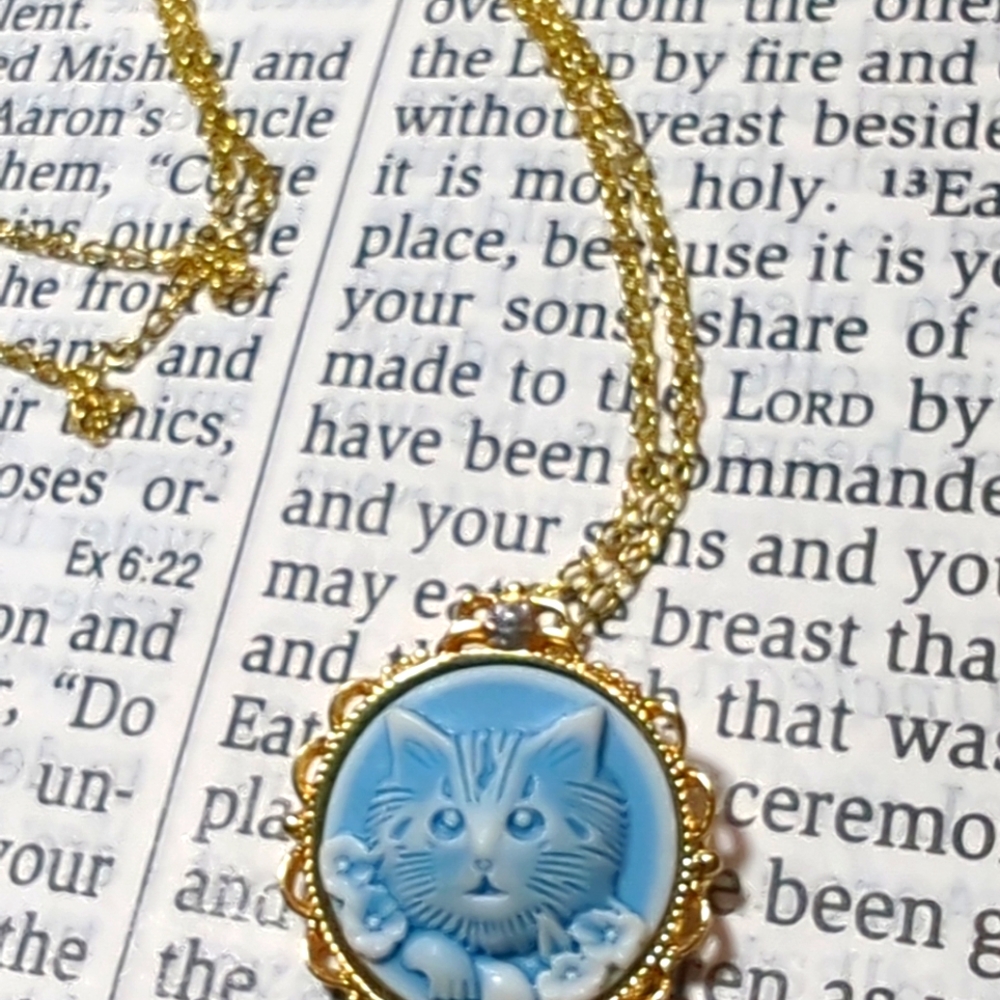Cameo KITTY CAT NWOT  NECKLACE PENDANT Blue/White 18K Gold PLATE CHAIN NWOT - Picture 10 of 10